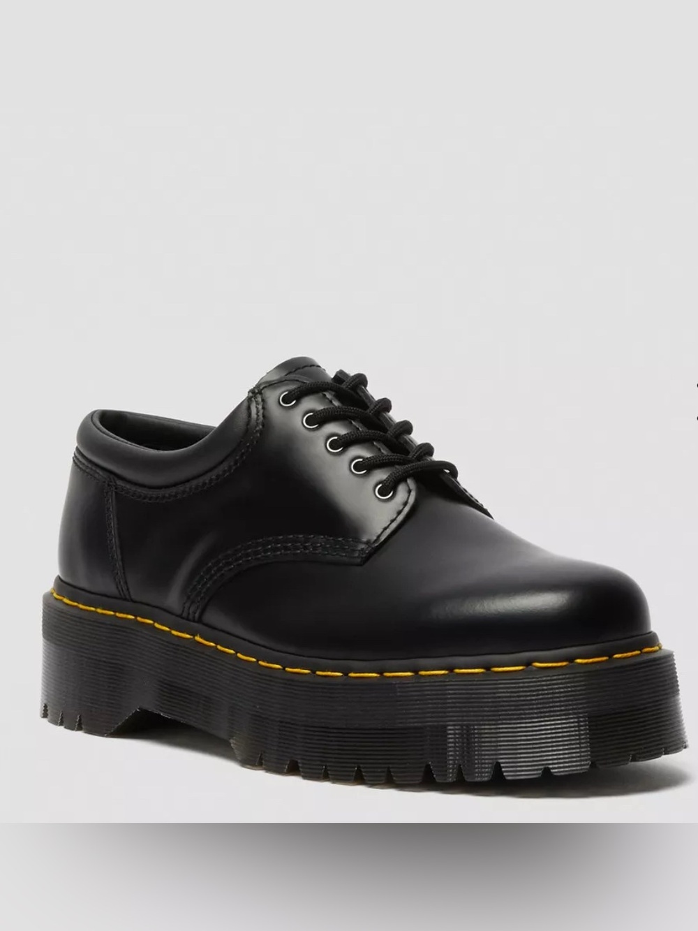 Dr. Martens Black Leather Platform Derby with Yellow Stitching